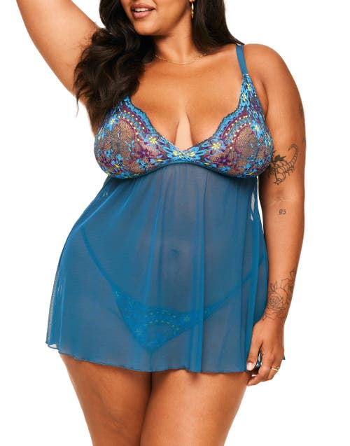 Adore Me Anatta Babydoll & G-string Set Lingerie In Floral Blue