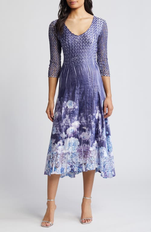 Floral Print Charmeuse & Lace Cocktail Midi Dress in Midnight Thistle