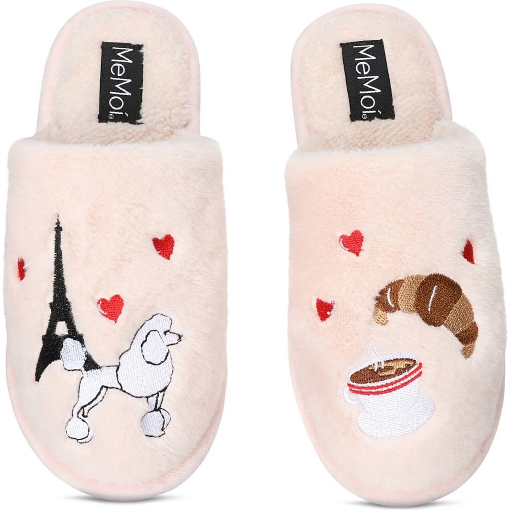MeMoi I Love Paris Faux Fur Memory Foam Slipper in Pale Blush