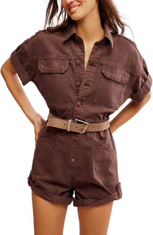 Shop Free People Marci Belted Cotton Denim Cuffed Romper In Mocha