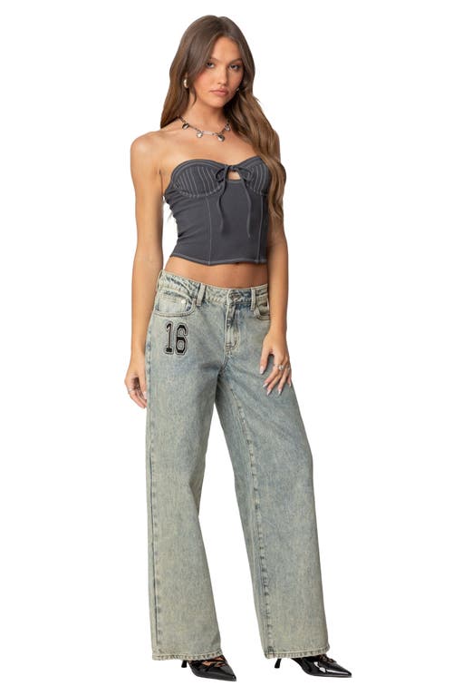 Shop Edikted June Tie Front Strapless Corset Top In Dark Gray