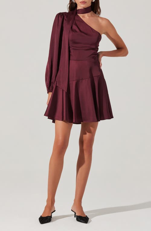 ASTR the Label Satin Scarf One-Shoulder Minidress in Wine 