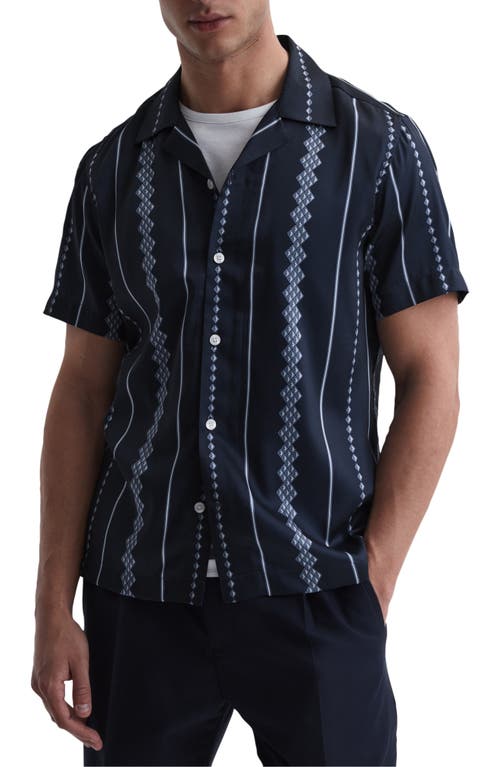 Reiss Nyx Geo Stripe Short Sleeve Button-Up Camp Shirt in Navy/White
