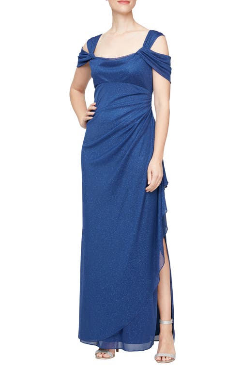 Alex Evenings Cold Shoulder Ruffle Glitter Chiffon Gown In Electric/blue