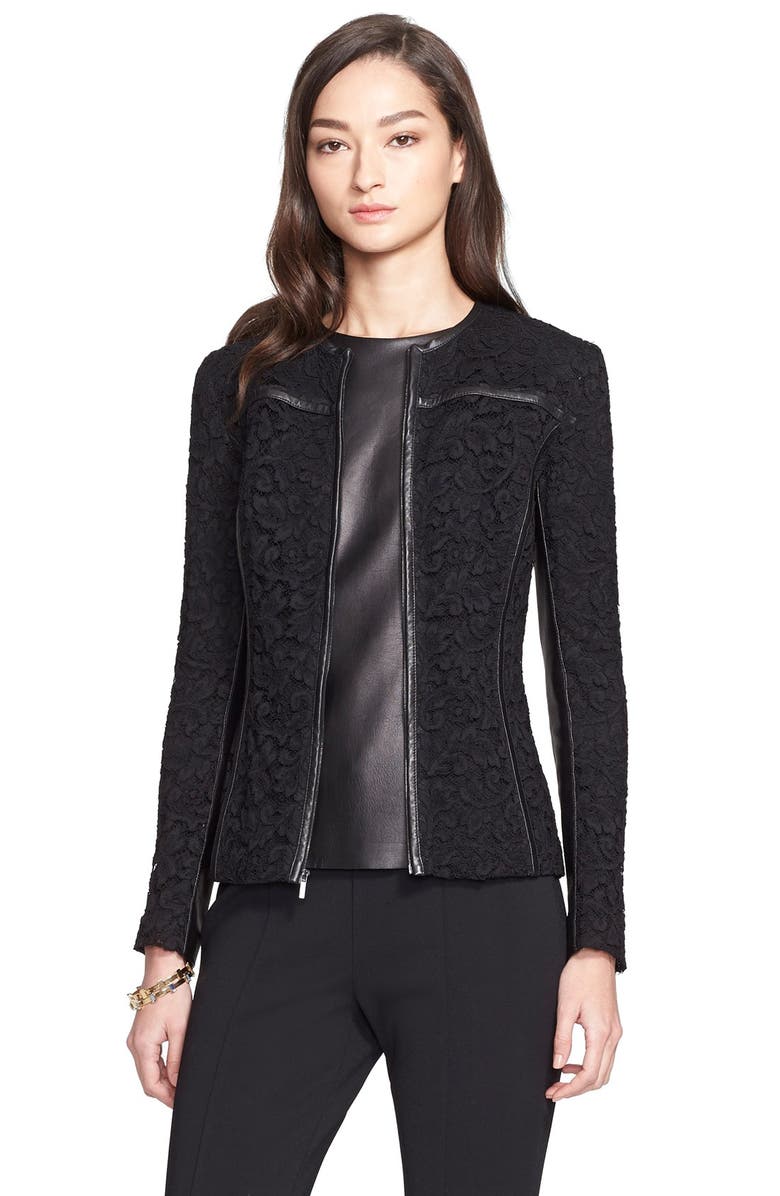 St. John Collection Plume Lace Jacket with Leather Trim | Nordstrom