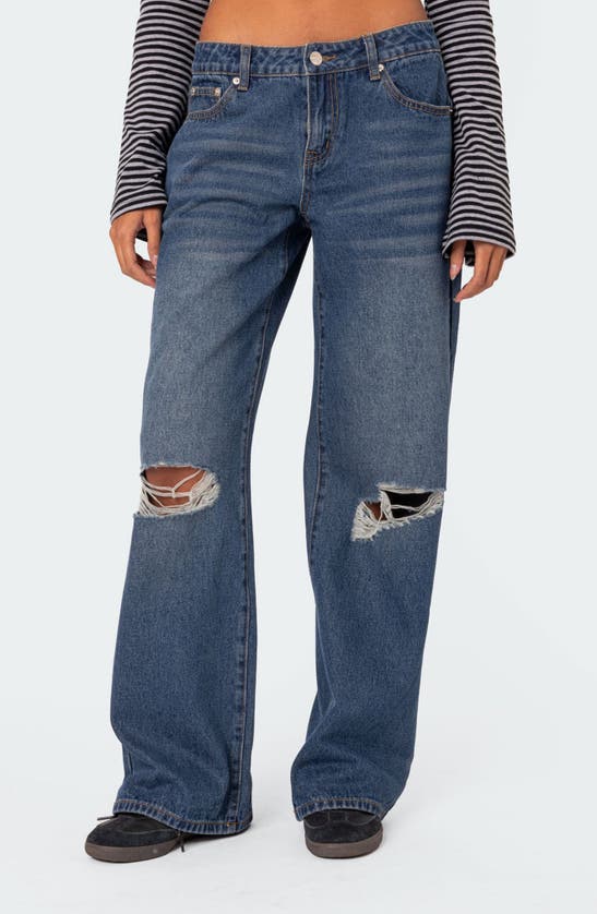 Shop Edikted Debbie Ripped Low Rise Wide Leg Jeans In Indigo-blue-raw-wash