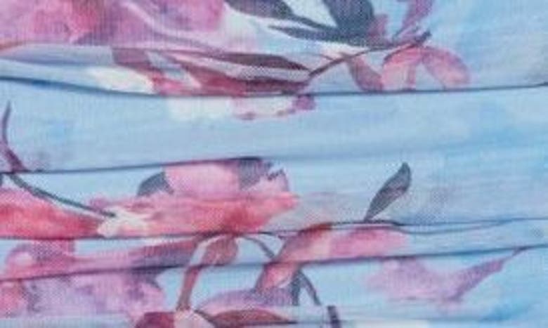 Shop Bebe Floral Ruched Off The Shoulder Mesh Gown In Blue / Multi