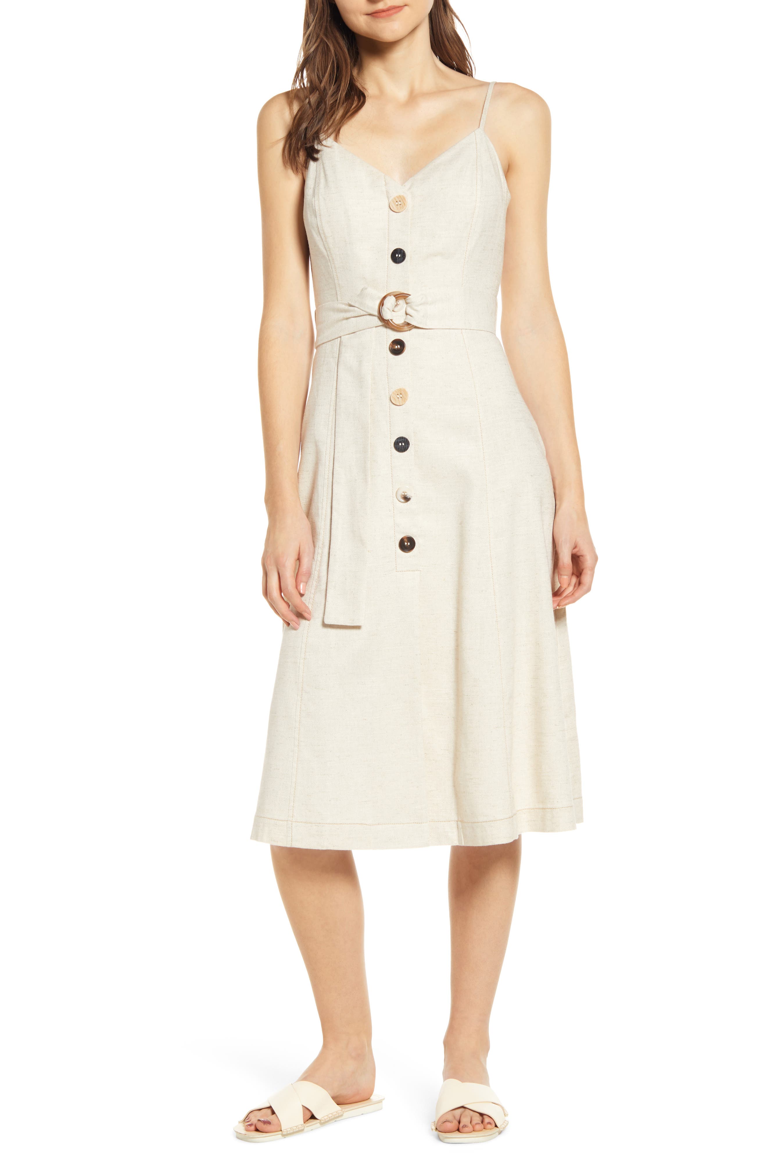 Moon River Sleeveless Button Front Midi Sundress, Beige