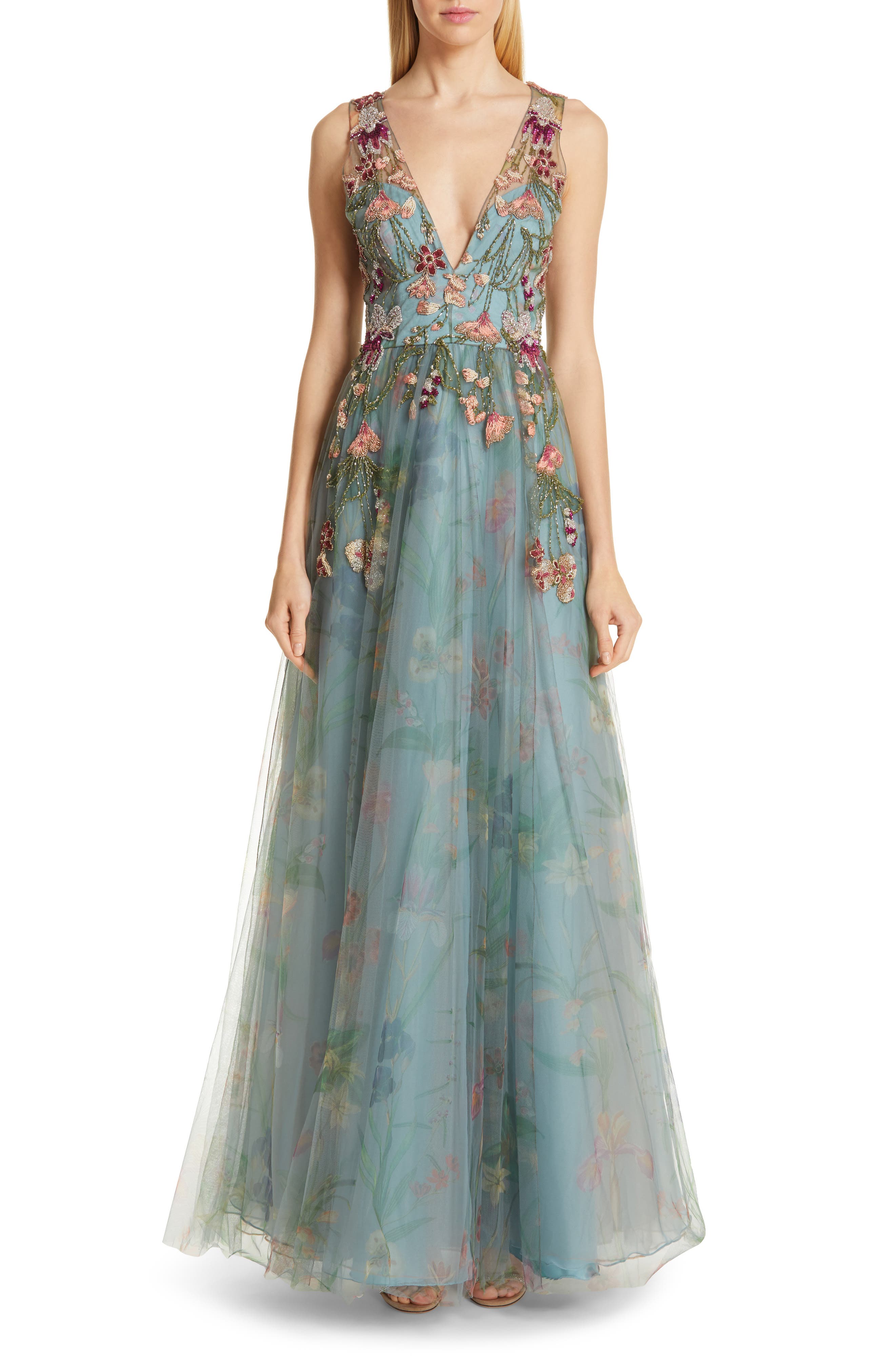 Patbo Beaded Floral Print Tulle Ballgown, 8 BR - Green