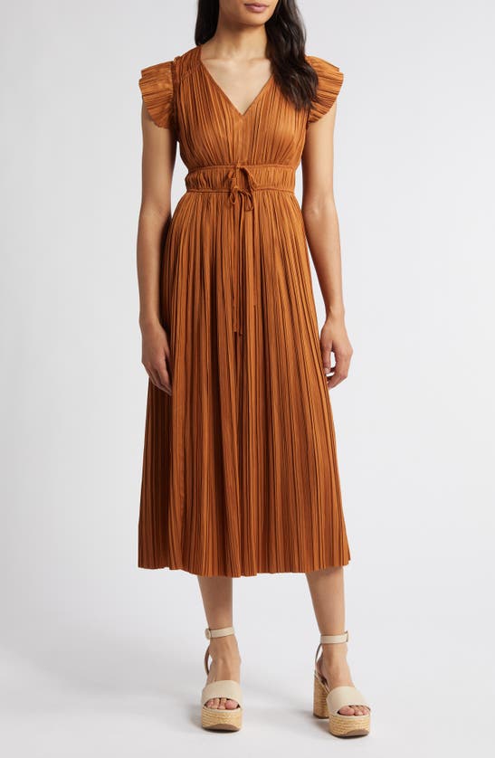 Shop Moon River Pleated Tie Waist Midi Dress In Copper