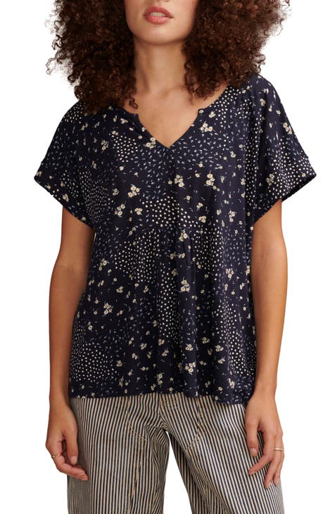 Embroidered Printed Navy Popover Top, Lucky Brand