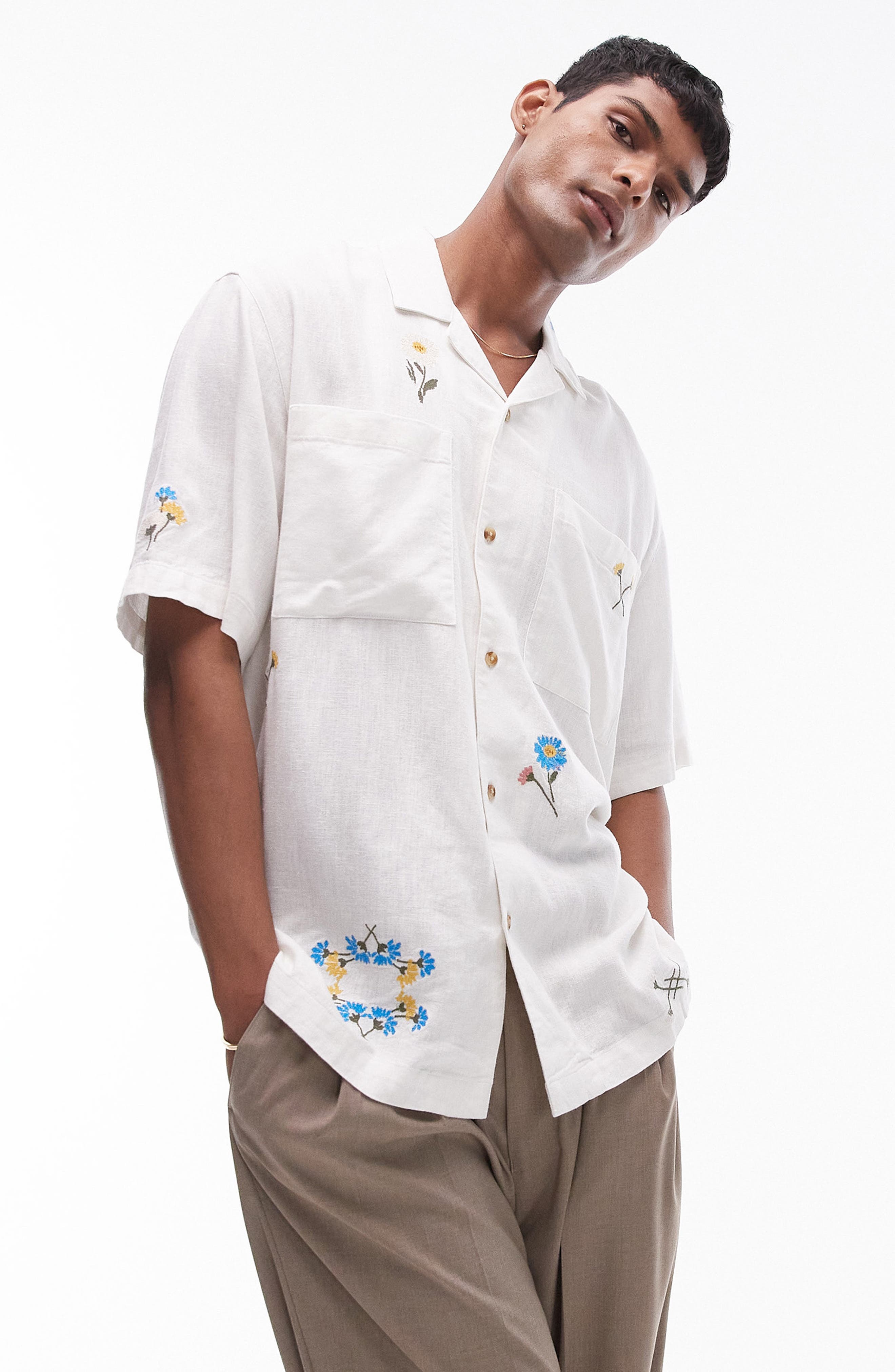 Topman Relaxed Fit Floral Embroidered Camp Shirt in Ivory 