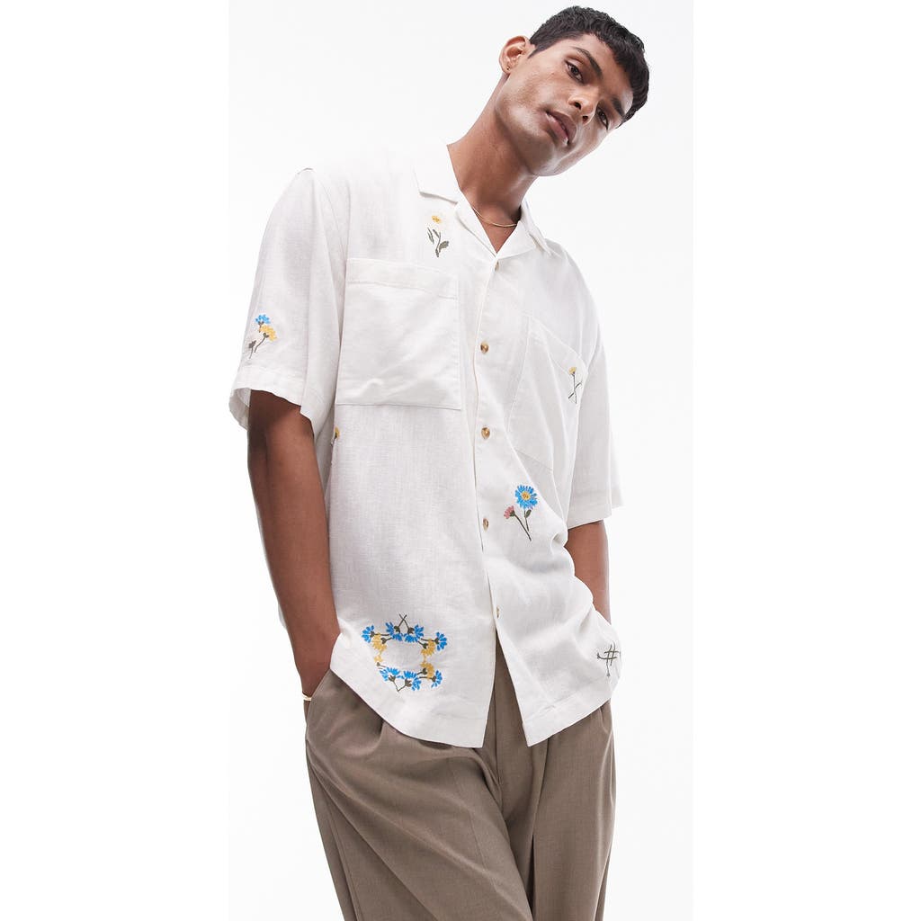 Topman Relaxed Fit Floral Embroidered Camp Shirt in Ivory