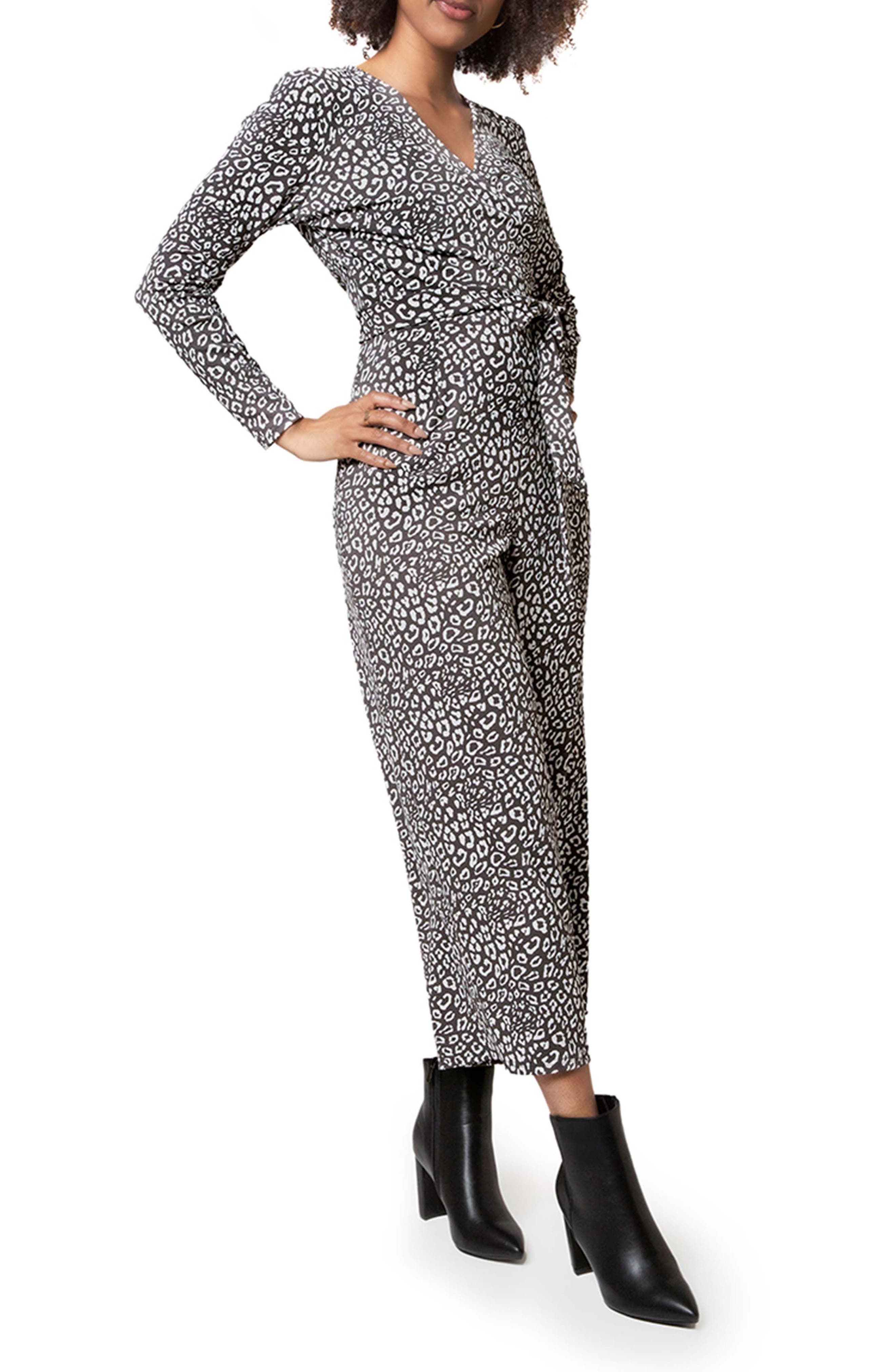 Leota Jayla Crop Wide Leg Long Sleeve Jumpsuit in Two Tone Bold Cheetah Asphalt at Nordstrom