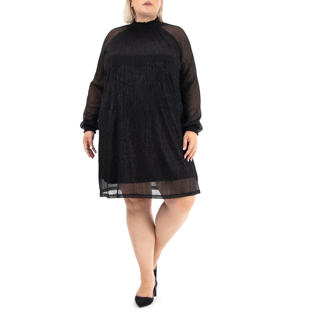 Shop Nina Leonard Smock Neck Metallic Overlay Dress In Black/black