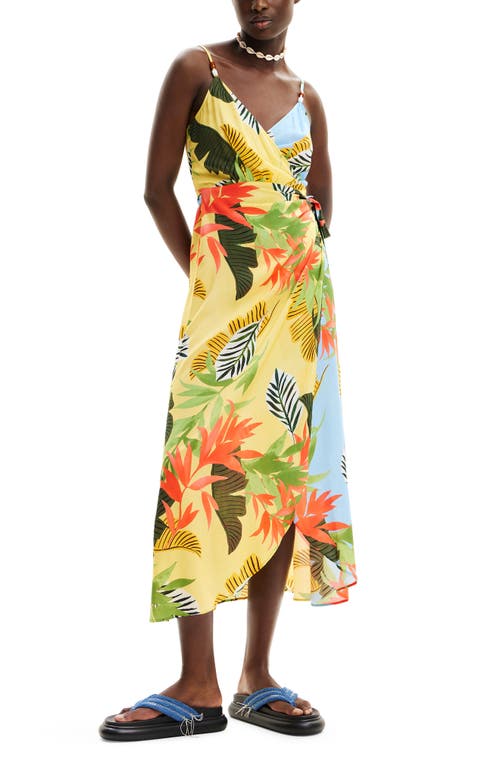 Desigual Tropical Wrap Midi Dress Yellow at Nordstrom,