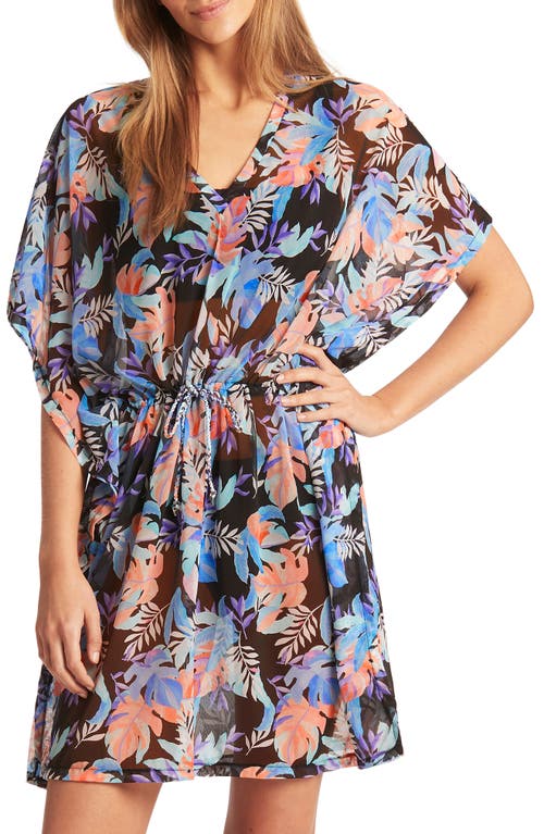 Frond Print Caftan Cover-Up Dress in Black