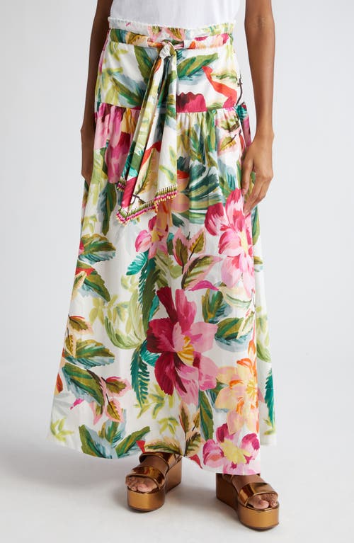 FARM Rio Painted Flowers Belted Cotton Maxi Skirt White at Nordstrom,