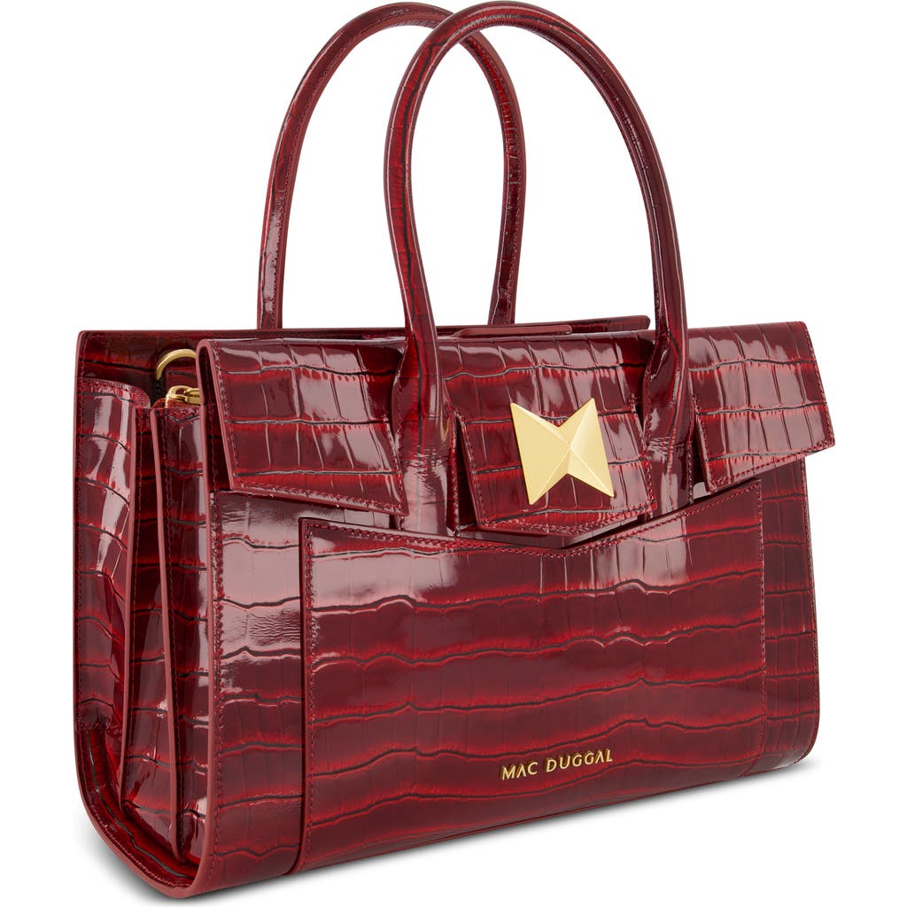 Mac Duggal Gold Plated Hardware Crocodile Embossed Leather Tote Bag In Oxblood