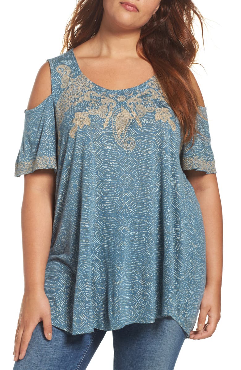 Lucky Brand Embroidered Cold Shoulder Top (Plus Size) | Nordstrom
