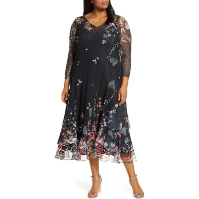Plus Size Komarov Wildflower Print Chiffon Tiered Cocktail Dress, Black