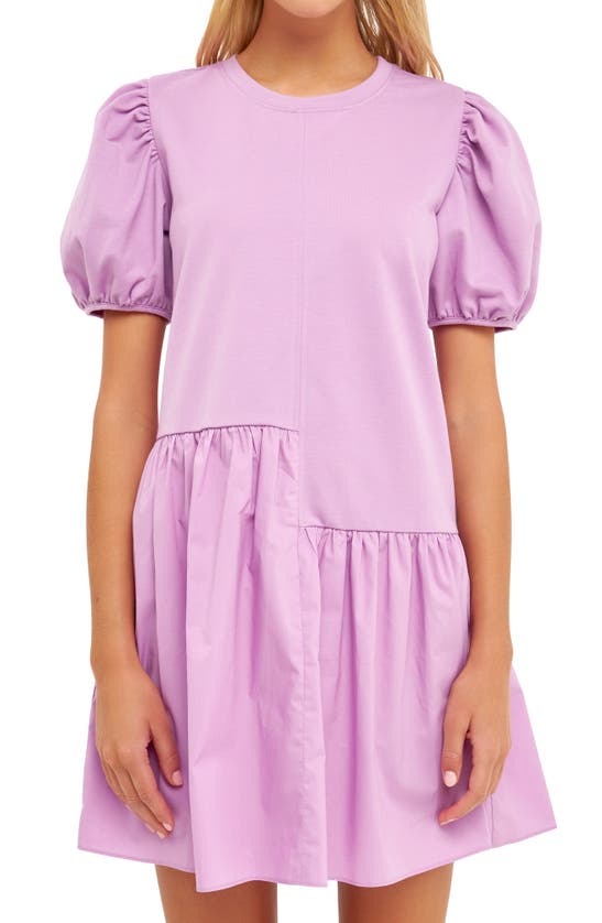 Shop English Factory Puff Shoulder Mixed Media Minidress In Lilac