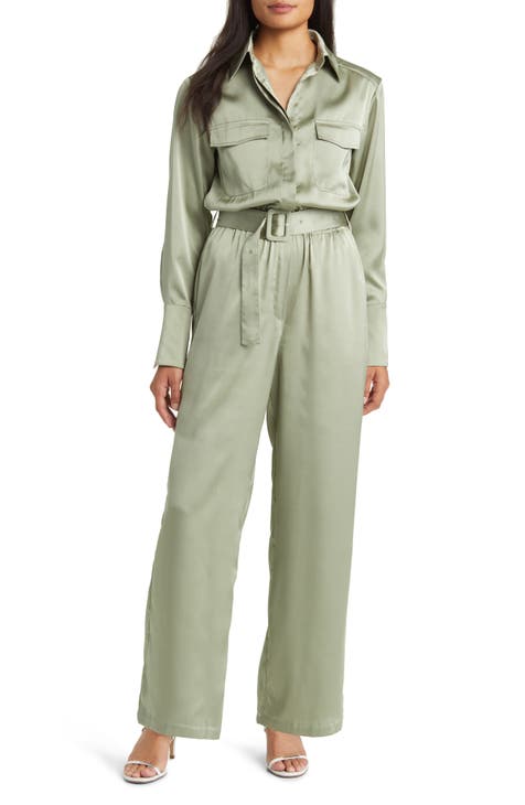Belted Long Sleeve Satin Utility Jumpsuit