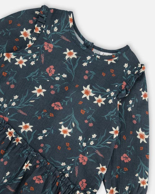 Shop Deux Par Deux Little Girl's Printed Muslin Long Top Teal With Flowers In Printed Edelweiss