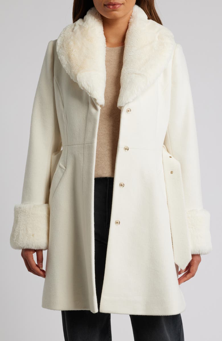 Via Spiga Belted Wool Blend Coat with Faux Fur Trim, Alternate, color, 
