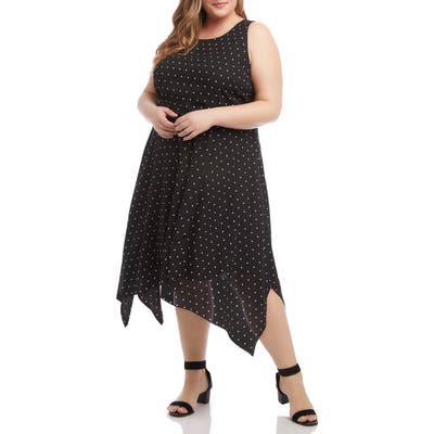 Plus Size Karen Kane Polka Dot Sleeveless Handkerchief Hem Dress, Black