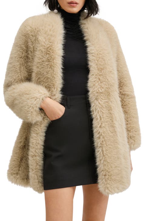 Women S Beige Fur Faux Coats, Beige Faux Fur Black Belted Short Coat