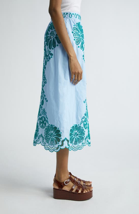 Shop Farm Rio Eyelet Embroidery Cotton Midi Skirt In Light Blue And Green