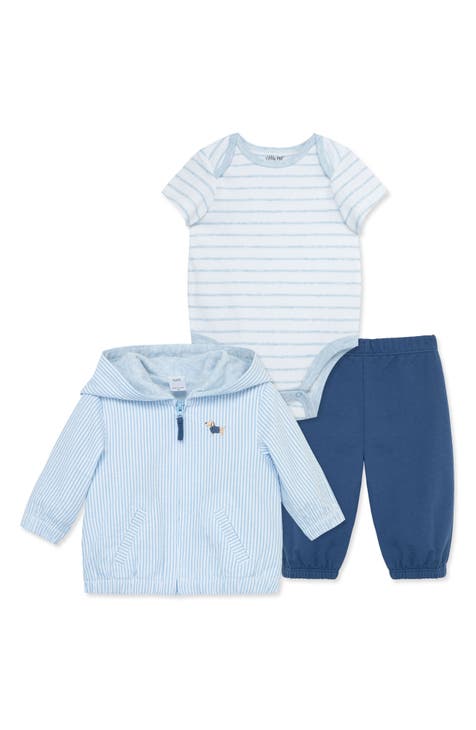Puppy Stripe Cotton Zip-Up Jacket, Bodysuit & Pants Set (Baby)