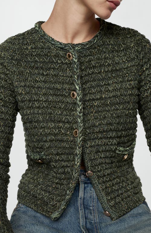 Shop Mango Metallic Chunky Knit Cardigan In Green