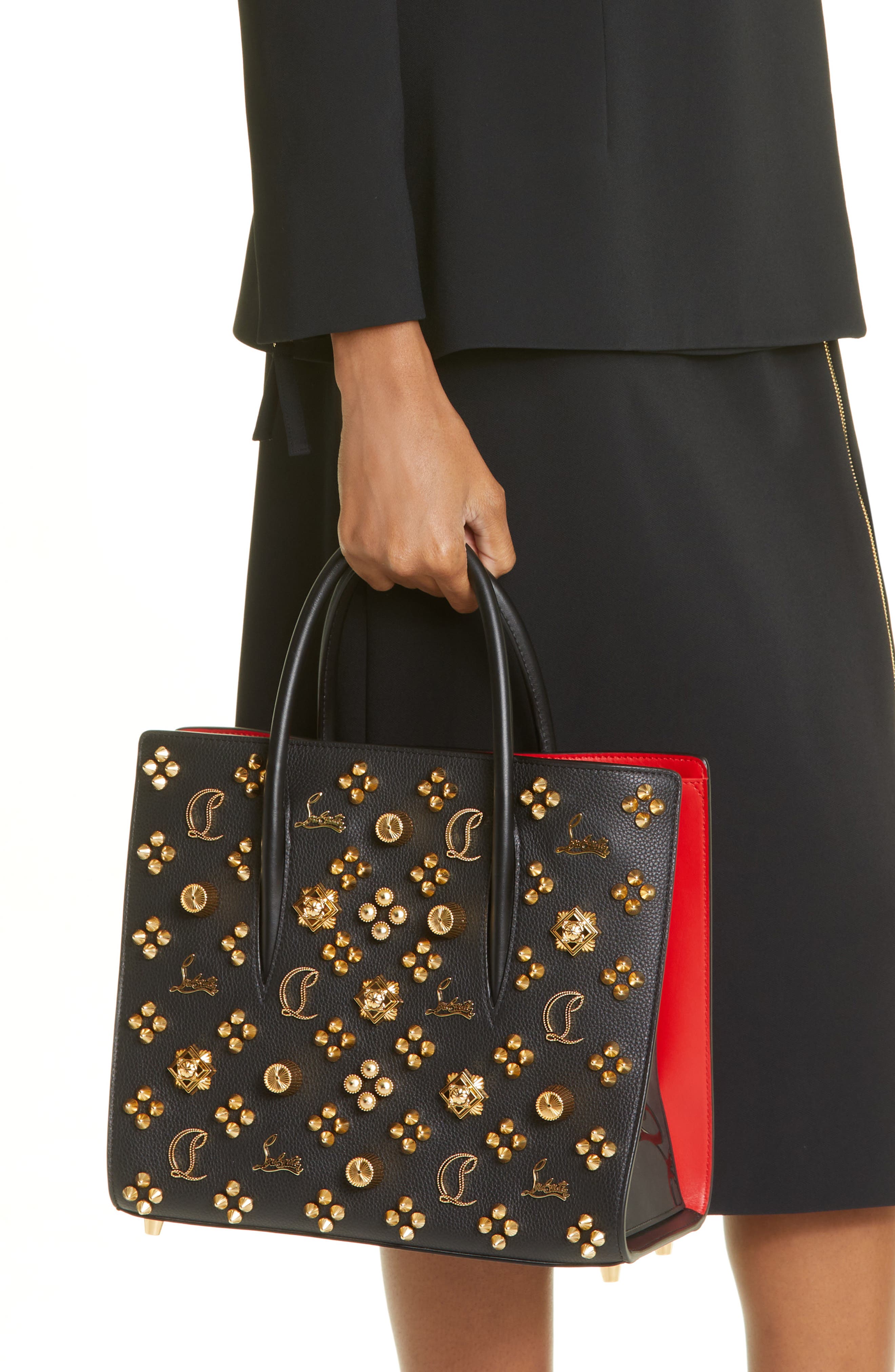 Cabata - Tote bag - Grained calf leather and spikes Couronnes Seville -  Black - Christian Louboutin