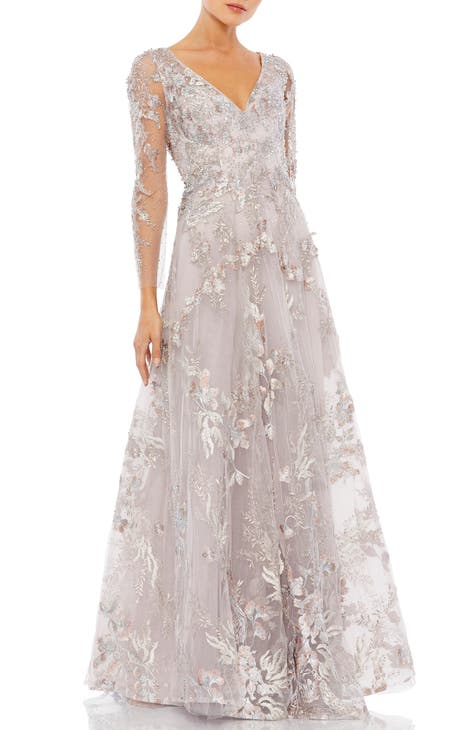 Floral Embroidered Long Sleeve A-Line Gown