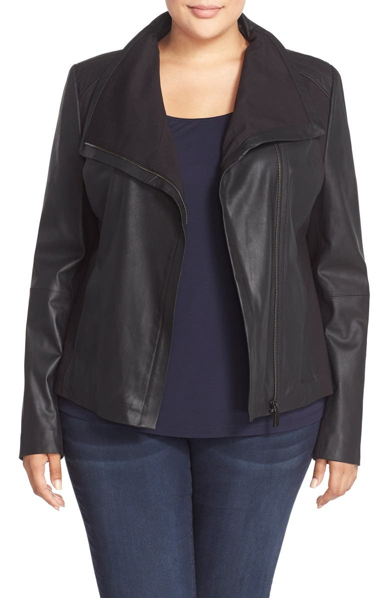 T Tahari Drape Collar Featherweight Leather Jacket (Plus Size) | Nordstrom