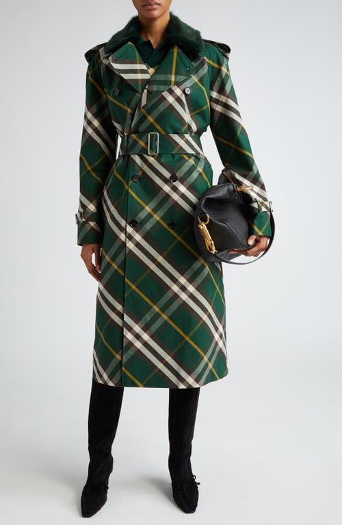 Check Water Resistant Gabardine Trench Coat with Removable Faux Fur Collar in Ivy Ip Check
