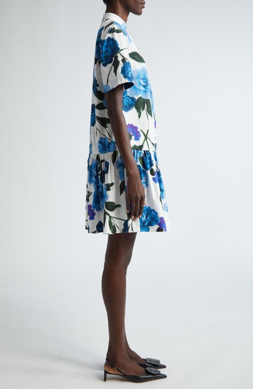 Shop Erdem Brushed Floral Drop Waist Mini Shirtdress In White Blue