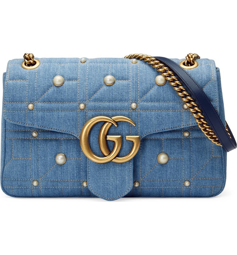 Gucci GG Marmont 2.0 Imitation Pearl Embellished Denim Crossbody Bag | Nordstrom