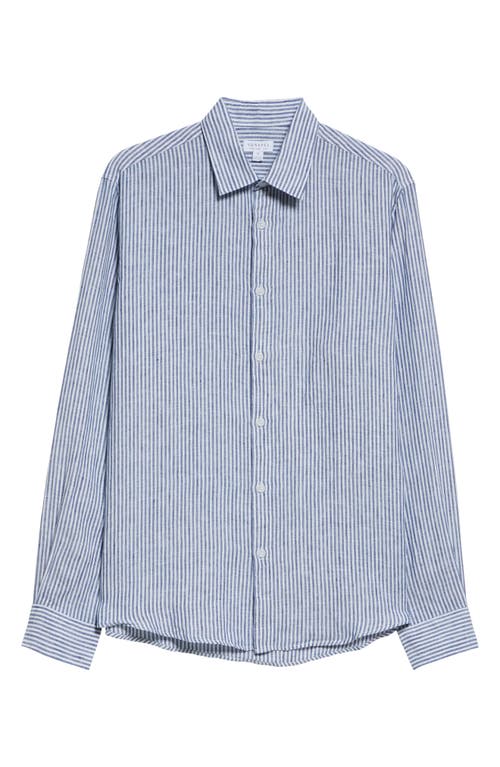 Shop Sunspel Long Sleeve Linen Button-up Shirt In Navy/white Linen Stripe