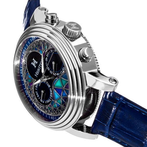 Heritor Automatic Legacy Leather-band Watch With Day & Date In Silver/blue