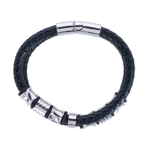 Trafalgar Loose Fit Silver And Leather 2 Band Secure Clasp Leather Bracelet In Black And Silver
