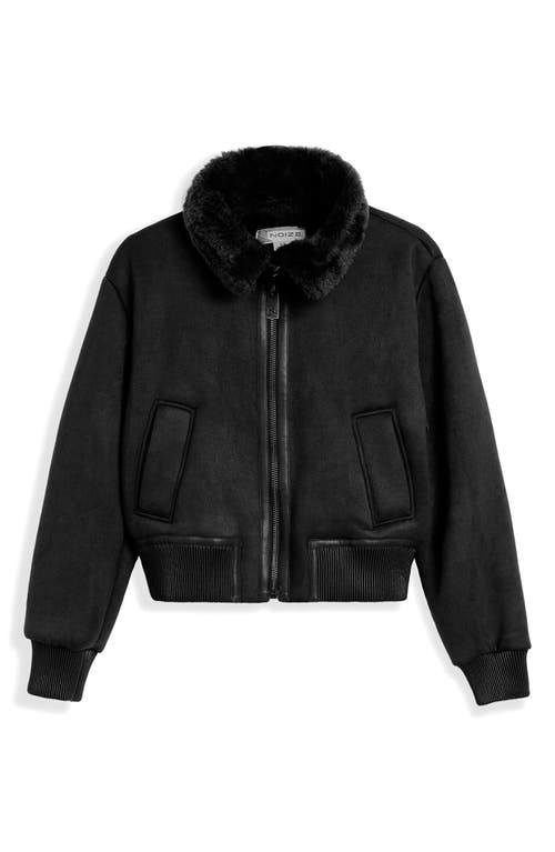Noize Fannie Faux Fur Collar Faux Suede & Faux Leather Crop Bomber Jacket In Black