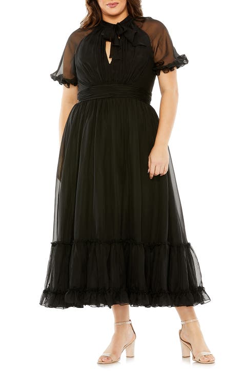 Sheer Puff Sleeve Cocktail Dress (Plus Size)