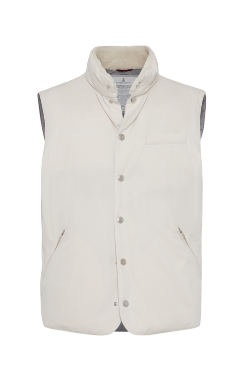 Shop Brunello Cucinelli Techno Cotton Gabardine Down Vest With Shearling Insert In Off-white