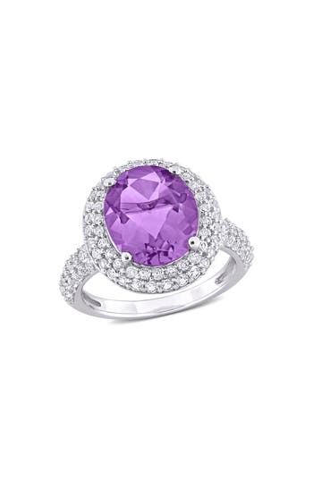 Delmar Oval Cut Semiprecious Stone & Cz Halo Cocktail Ring In Purple