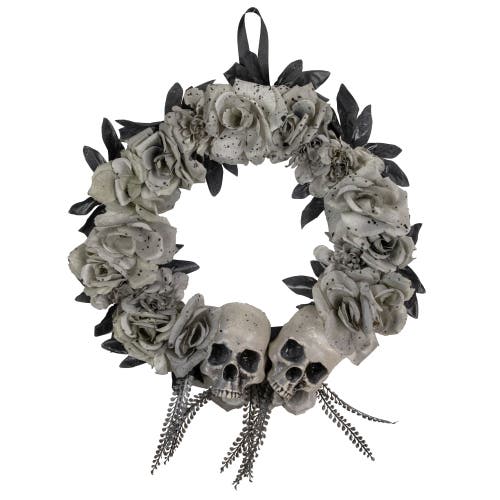 Northlight Double Skull And Gray Roses Halloween Wreath, 16-inch, Unlit In Gray