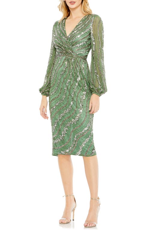 Mac Duggal Sequin Stripe Long Sleeve Mesh Cocktail Dress Sage at Nordstrom,