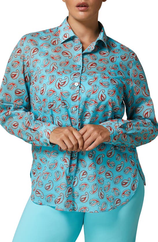 Shop Marina Rinaldi Yana Paisley Cotton Button-up Shirt In Turquoise